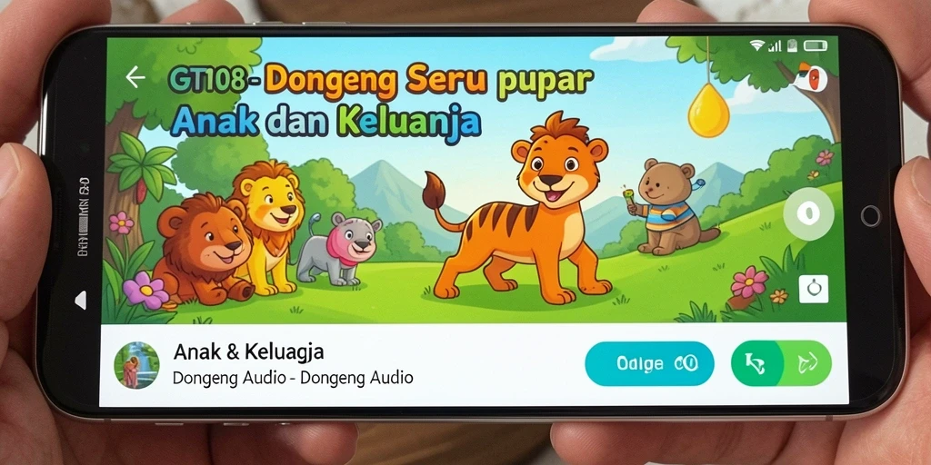 Tampilan utama GT108 dengan antarmuka yang ramah anak dan pilihan dongeng audio.